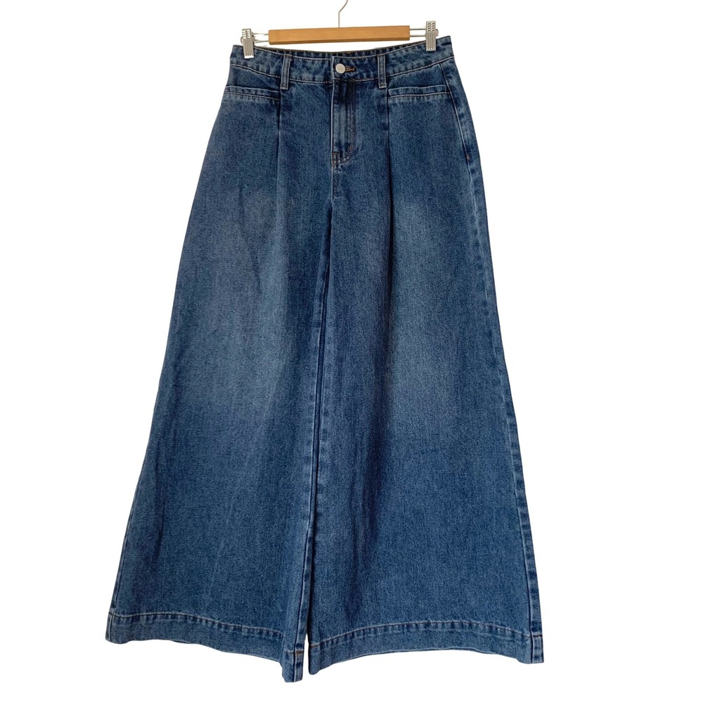Cider Jeans Women S Blue Pleated Ultra Wide Leg High Rise Coastal Quiet Luxury